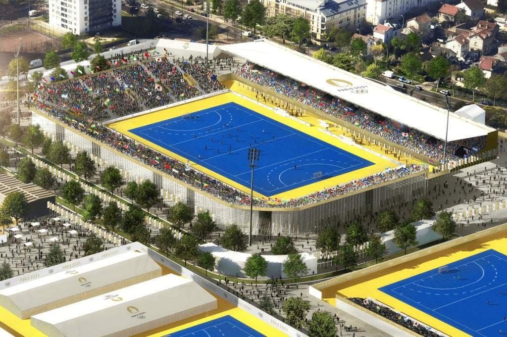 Paris 2024 Hockey Stadium - Olympics: Carbon Zero Turfs at Paris 2024 - Each Olympics since Sydney has seen a reduction in the amount of water required for optimum play. For example, the Tokyo Olympic turfs required 39% less water than the turfs at Rio 2016.