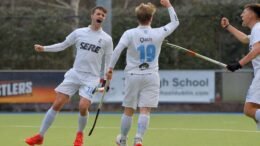 Ollie Kidd 19 celebrates making it 3 1 for Lisnagarvey against TRR Pic Adrian Boehm scaled - Lisnagarvey Triumph At Three Rock Rovers To Go Top - Lisnagarvey returned to the top of the men's EY Hockey League yet again as they won a classic against previous leaders Three Rock Rovers 3-2 at Grange Road.