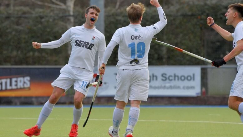 Ollie Kidd 19 celebrates making it 3 1 for Lisnagarvey against TRR Pic Adrian Boehm scaled - Lisnagarvey Triumph At Three Rock Rovers To Go Top - Lisnagarvey returned to the top of the men's EY Hockey League yet again as they won a classic against previous leaders Three Rock Rovers 3-2 at Grange Road.