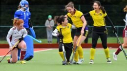 Pembroke's Aisling Naughton celebrates with Rachel O'Brien and Martha McCready Pic Adrian Boehm