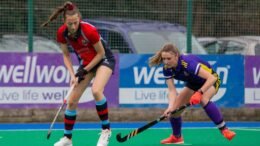 Belfast Harlequins Emma Uprichard in action against Pembrokes Gillian Pinder Pic Max Fulham scaled - Pembroke Move Within Touching Distance Of Title - @PWHC moved within touching distance of the women’s EY Hockey League title as they bided their time before beating @Belfastquinslhc on Saturday to move five points clear at the top.