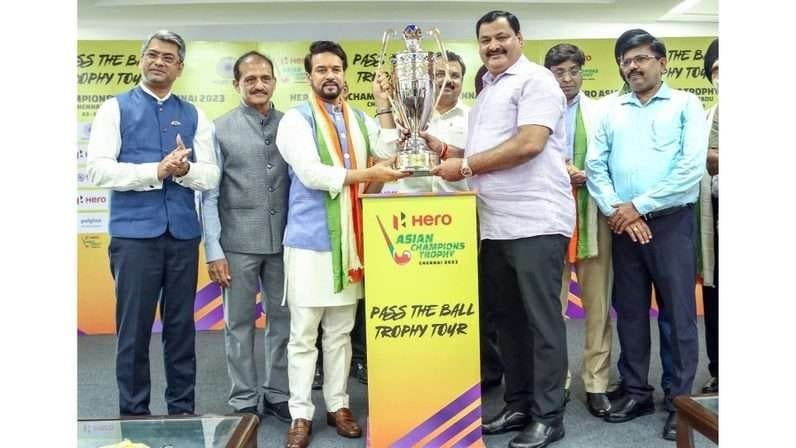 india honble minister of youth affairs and sports and minister of information broadcasting shri anurag thakur unveils trophy for the hero asian champions trophy chennai 2023 64afec19884d7 - India: Hon’ble Minister of Youth Affairs and Sports and Minister of Information & Broadcasting, Shri Anurag Thakur unveils Trophy for the Hero Asian Champions Trophy Chennai 2023 - ~ ‘Pass the Ball’ campaign was also launched during the grand event which took place at Major Dhyanchand National Stadium in New Delhi~ 