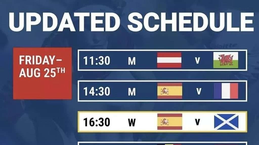 fih changes to the match schedule due to severe weather 64e9ee8bc46cb - FIH: Changes to the match schedule due to severe weather - Due to a thunderstorm on Friday morning (25.08.2023) there is a change in the match schedule. The matches of the day will be moved back. The first semi-final will take place at 7:00 pm instead of 6:30 pm. The German semi-final will be moved back a quarter of an hour. The Ireland v Italy match in Women's Group C will be moved to the following day (26.08.2023, 10:00 am), which means that the Spain v Wales match in Men's Group C will take place later on Saturday. The new kick-off time of the match will be Saturday (26/08/2023) after the women's final at 6:15 pm.