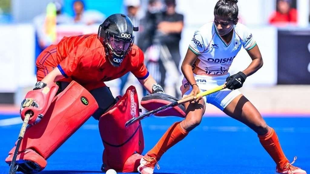 jwc goalkeeper madhuri kindo stars as india beat new zealand in a classification match of the fih hockey womens junior world cup 2023 65701cb740da6 - JWC: Goalkeeper Madhuri Kindo stars as India beat New Zealand in a classification match of the FIH Hockey Women’s Junior World Cup 2023 - Lausanne, Switzerland: The teams that missed out on a spot in the Top 8 of the FIH Hockey Women’s Junior World Cup 2023 got another chance on Thursday to showcase their potential in the 9th-16th place qualification match. 