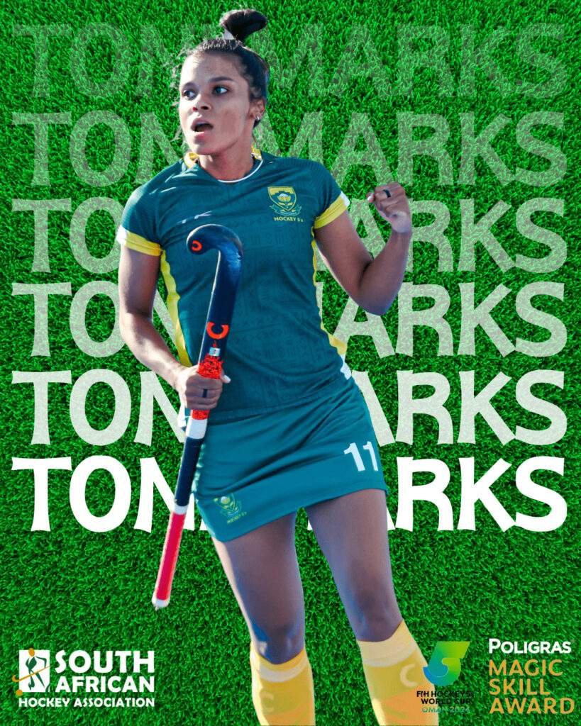 south africa vote for toni marks in the poligras magic skills awards 65ce32af24750 - South Africa: Vote for Toni Marks in the Poligras Magic Skills Awards - South African Hockey5s captain mesmerized crowds in Muscat Oman with her clinical prowess in front of goal netting a remarkable return of 11 goals for the South Africans. One of her goals stood out amongst peers. In the group game Australia, South Africa secured their place with a brilliant win. The outstanding moment of the game came in the 20th minute as Rea Phume’s shot was deflected skywards. Marks instinctively played the ball in the air producing an unstoppable scoop over the keeper and translating South Africa’s domination onto the pitch onto the scoreboard.