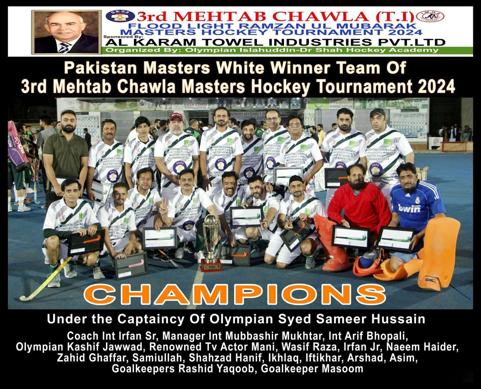 asia mehtab chawla ramadan night veterans hockey tournament won by pakistan veterans hockey club white 660c05462c962 - Asia: Mehtab Chawla Ramadan Night Veterans Hockey Tournament won by Pakistan Veterans Hockey Club White - The final was played at the Olympian Islahuddin and Dr. Muhammad Ali Shah Hockey Academy in the final, Veterans Hockey Club defeated Green by 3-2 goals on penalty stroke the match was tied without any goal in the allotted time Olympian Samir Hussain, Olympian Kashif Jawad and Samiullah scored the goals of the winning team. Muhammad Ali Khan and Sameer Saleem scored the goals of the defeated team the Fair Play Trophy was awarded to the Hyderabad Veterans Club Corps Commander Karachi Lieutenant General Babar Iftikhar distributed the prizes as the special guest Olympian Islahuddin, Rehan Chawla, Kashif Chawla at the closing ceremony