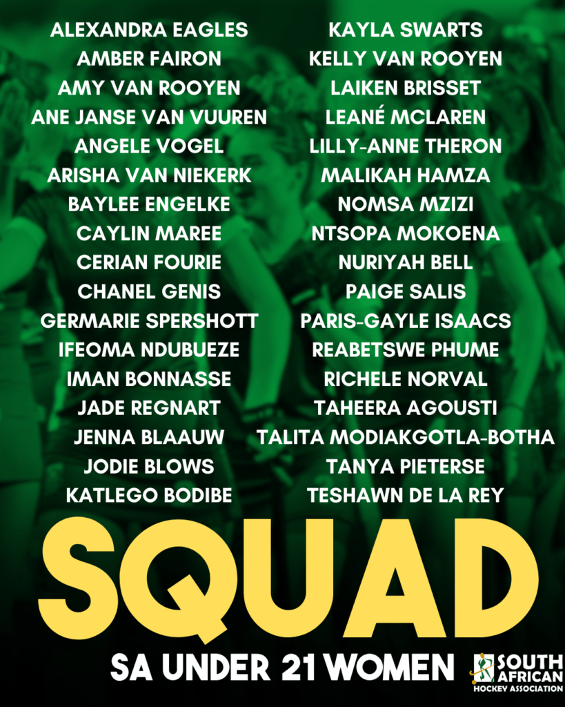 south africa south africa u21 womens 2024 squad announced 66632c3e2de7a - South Africa: South Africa U21 Women’s 2024 Squad announced. - The South African Hockey Association has announced the South African Under 21 Women’s Squad. The 34-player squad, under the tutelage of new head coach Cindy Brown, will see a team selected for the SA Hockey IPT in September and the Junior Africa Cup in Ghana in October, with the goal of qualifying for the 2025 FIH Junior World Cup, an expanded 24 team tournament.