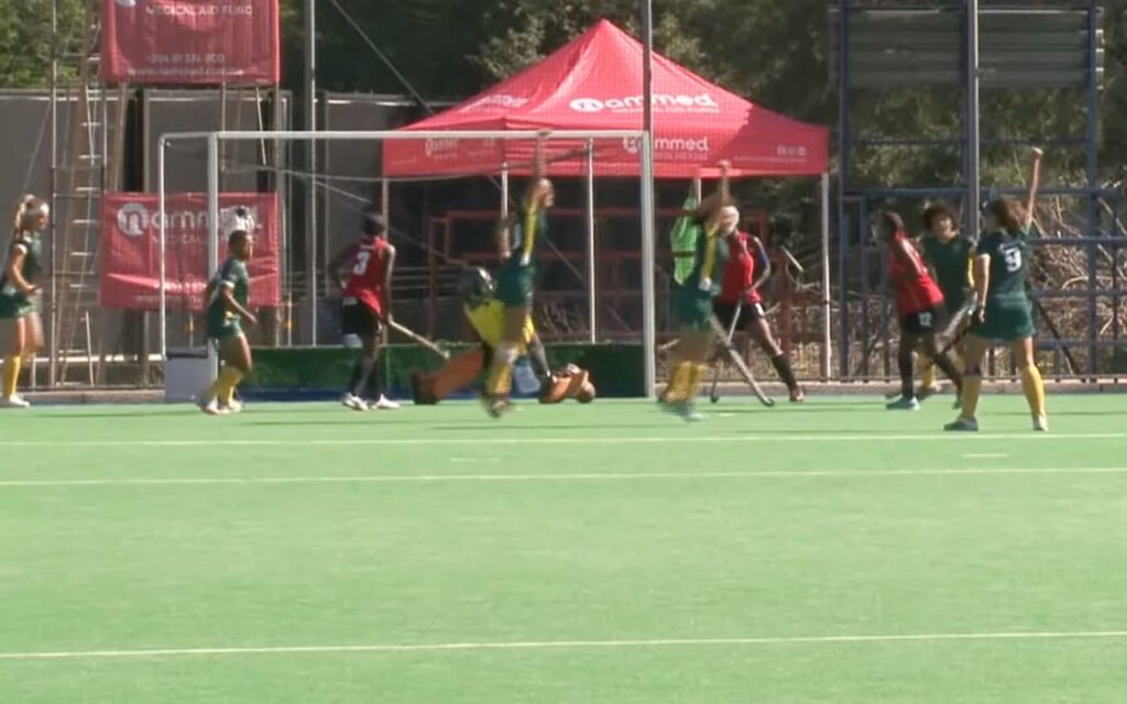 South Africa scored six goals in the first half of their first outing at the Junior Africa Cup 2025, and more than doubled their advantage to win the encounter by 19 goals to nil at the Davin Trustco Hockey Stadium in Windhoek, Namibia, on Saturday, 20 April, 2025. All Photos: Screenshot of the NBC Coverage on YouTube