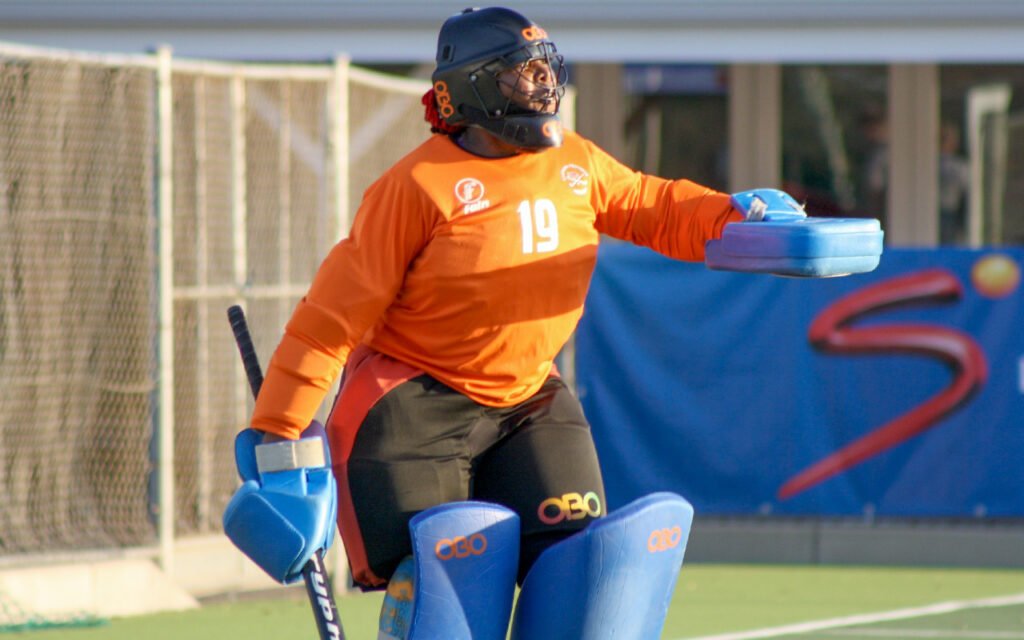 Ngomusa Zweni in goals for Eastern Province, who fell 2-nil to Free State for the Bloemfontein team to remain in contention for a semi-final berth in Pool B lead by the Northern Blues, at the SA Hockey Under 21 IPT at Cornwall Hill College in Centurion, Gauteng, on Wednesday, 30 April, 2025. All Photos: Silver Edge Photography