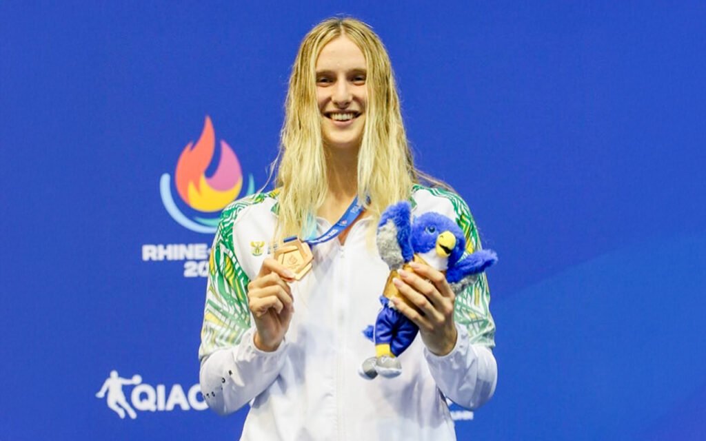 Birthday girl Olivia Nel had a night to remember when she won bronze in the 50m freestyle to secure the final podium spot at the World University Games in Germany on Wednesday, 23 July 2025. Photo: FISU