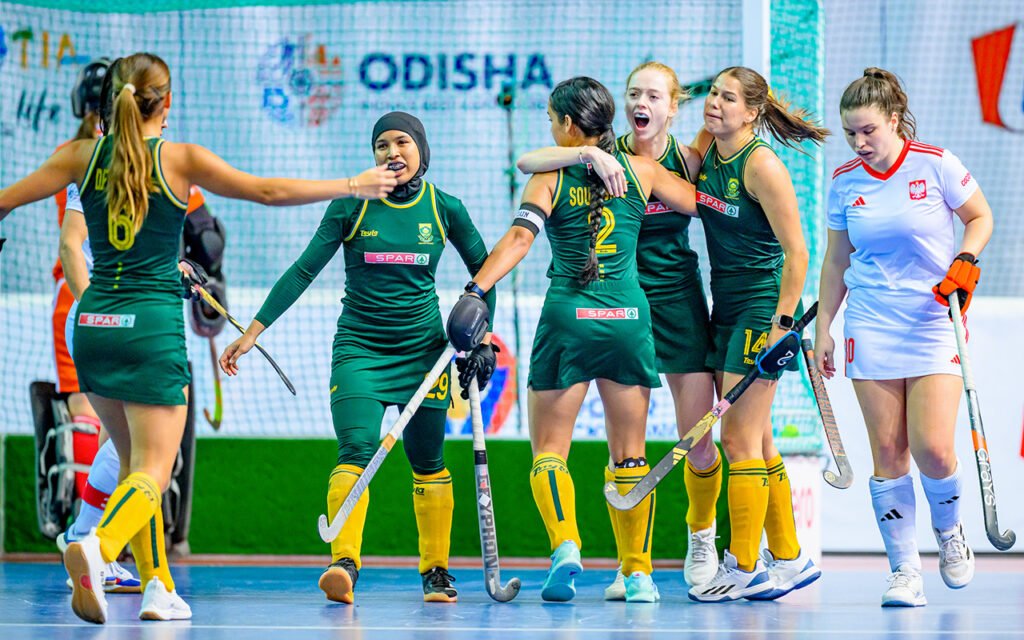In this file photo, South Africa celebrate with Jamie Southgate (c) after scoring the team’s first goal against Poland at the FIH Indoor Hockey World Cup Croatia 2025. Southgate is the most-capped player announced in the SA Indoor team for the upcoming 2025 Nkosi Cup in Cape Town, also featuring Australia, New Zealand, Namibia, and Zimbabwe. File Photo: WorldSportPics Frank Uijlenbroek