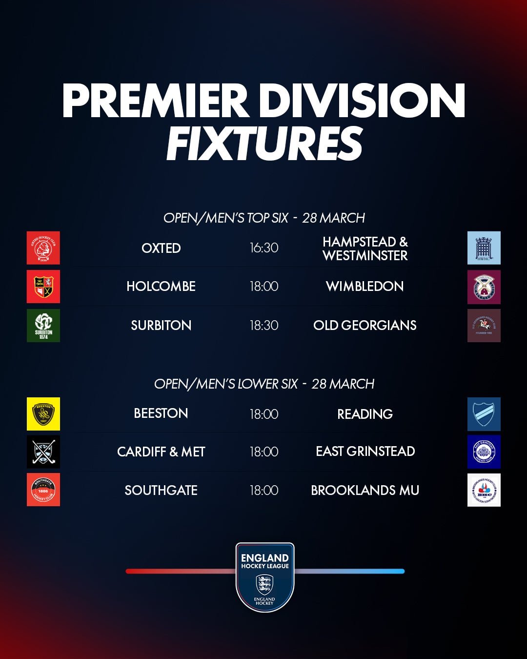 - England: EHL Premier Division Preview | Week Fourteen - Open/Men’s Top Six leaders, Surbiton, have secured top spot and a European place but will want to continue their 100% season against visiting Old Georgians. Holcombe and Wimbledon meet, with both teams having had a mixed restart to the campaign. Oxted will be looking to halt a four match losing streak when they welcome Hampstead & Westminster who they drew 1-1 with on their previous meeting. 